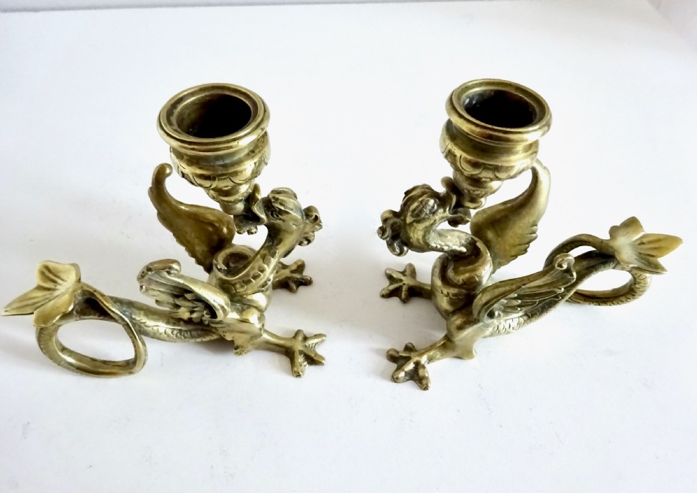 PAIR OF BRASS DRAGON CANDLESTICKS View VI