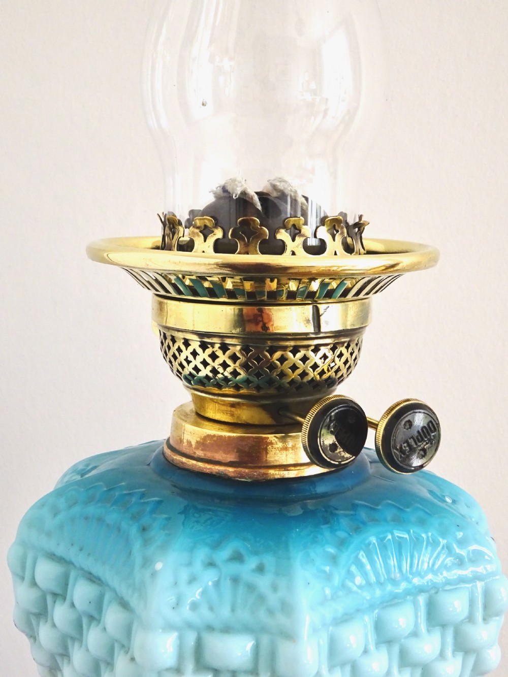 BRASS AND BLUE GLASS OIL LAMP WITH ORIGINAL SHADE View II