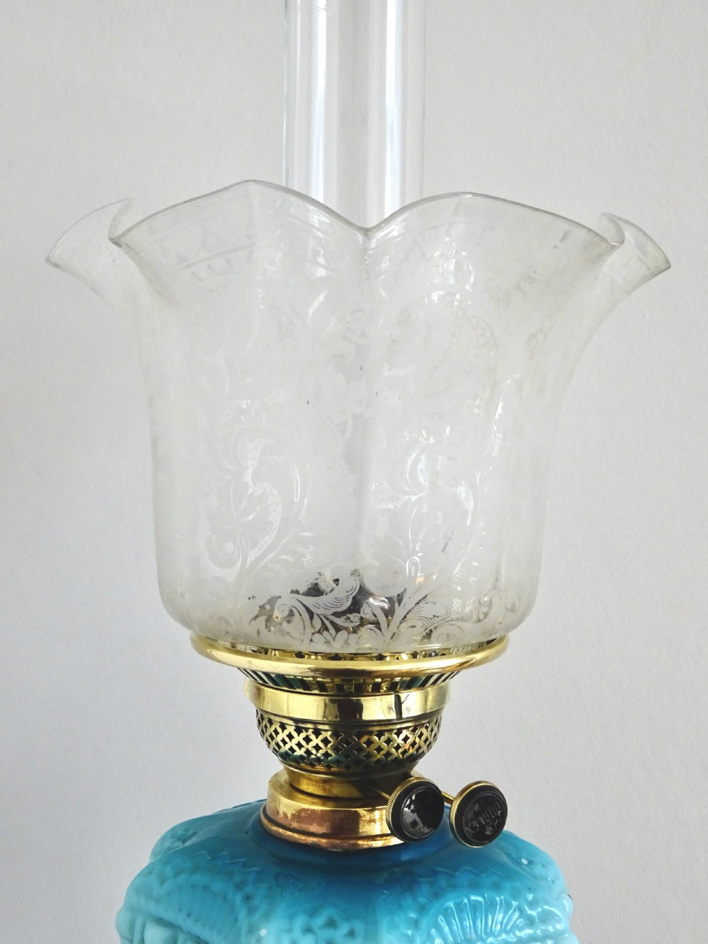 BRASS AND BLUE GLASS OIL LAMP WITH ORIGINAL SHADE View III