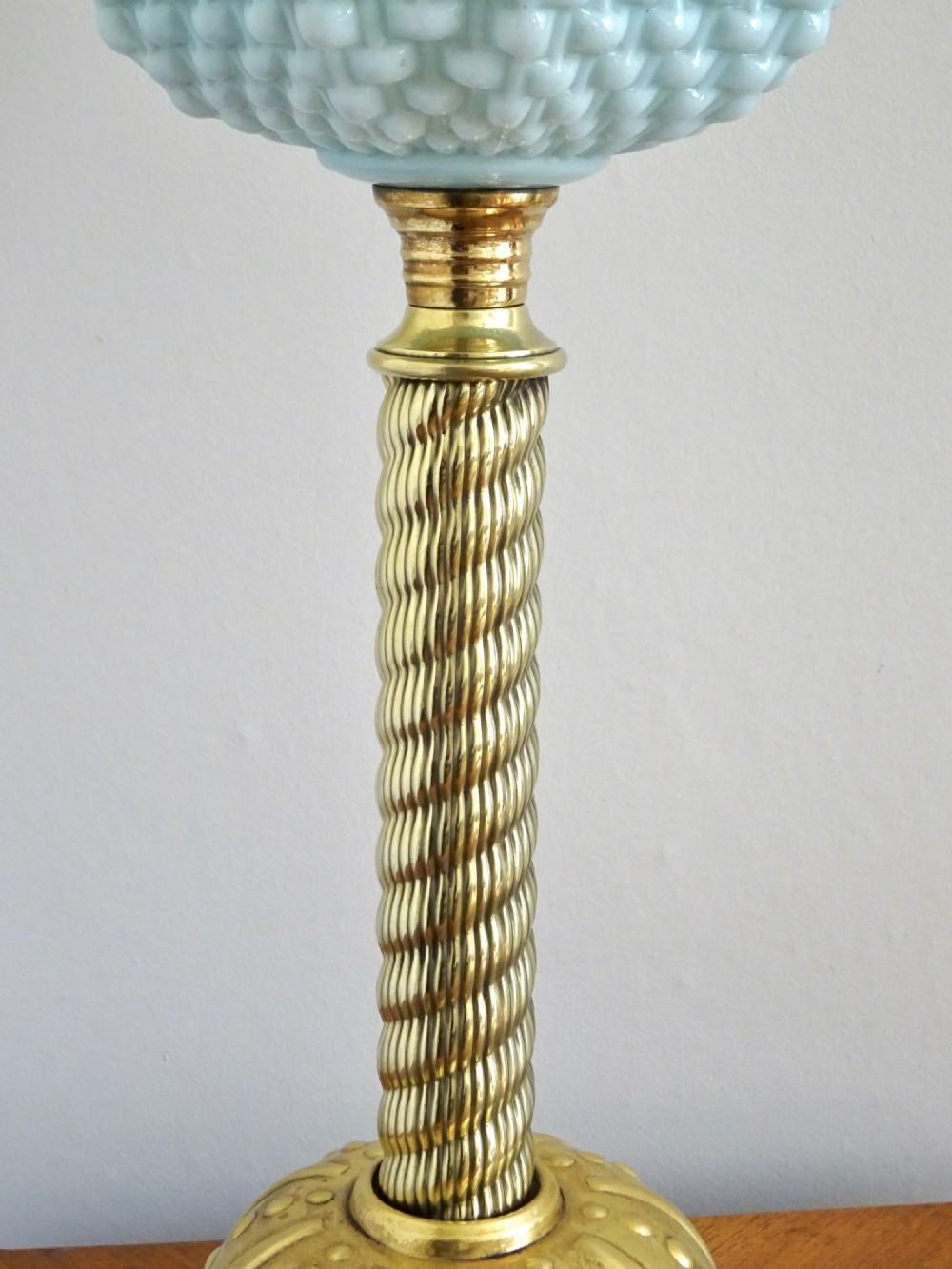 BRASS AND BLUE GLASS OIL LAMP WITH ORIGINAL SHADE View VI