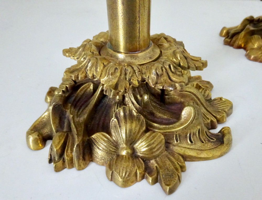 VICTORIAN PAIR CANDLE LAMPS WITH ORIGINAL SHADES View V