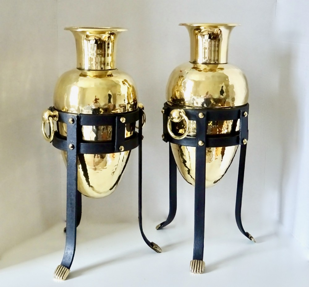 PAIR LARGE BRASS VASES IN IRON STANDS