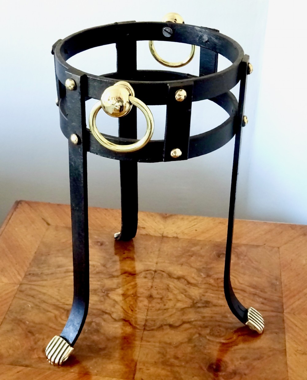 PAIR LARGE BRASS VASES IN IRON STANDS View IX