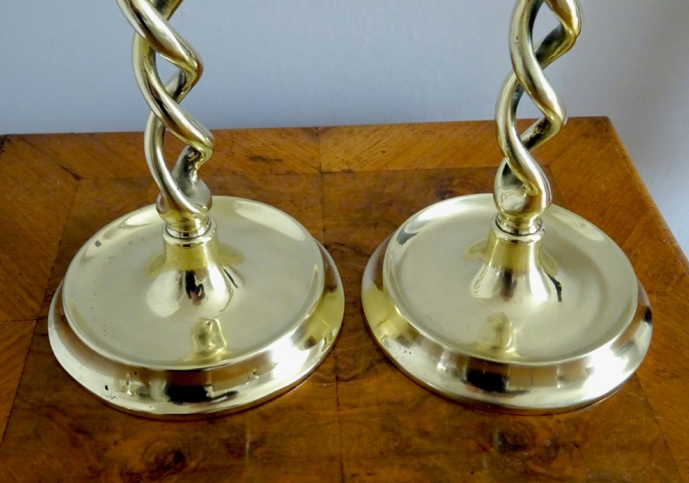 PAIR VERY TALL OPEN TWIST BRASS CANDLESTICKS View III