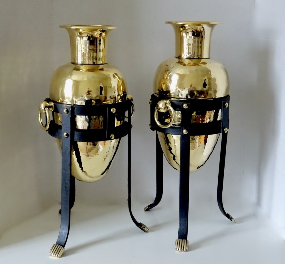PAIR LARGE BRASS VASES IN IRON STANDS View VI