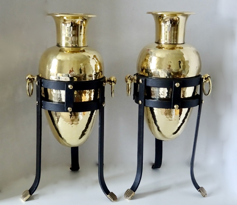 PAIR LARGE BRASS VASES IN IRON STANDS View II