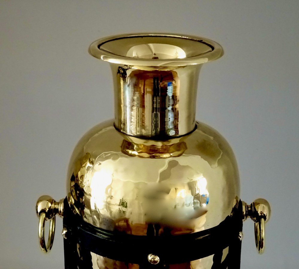 PAIR LARGE BRASS VASES IN IRON STANDS View III