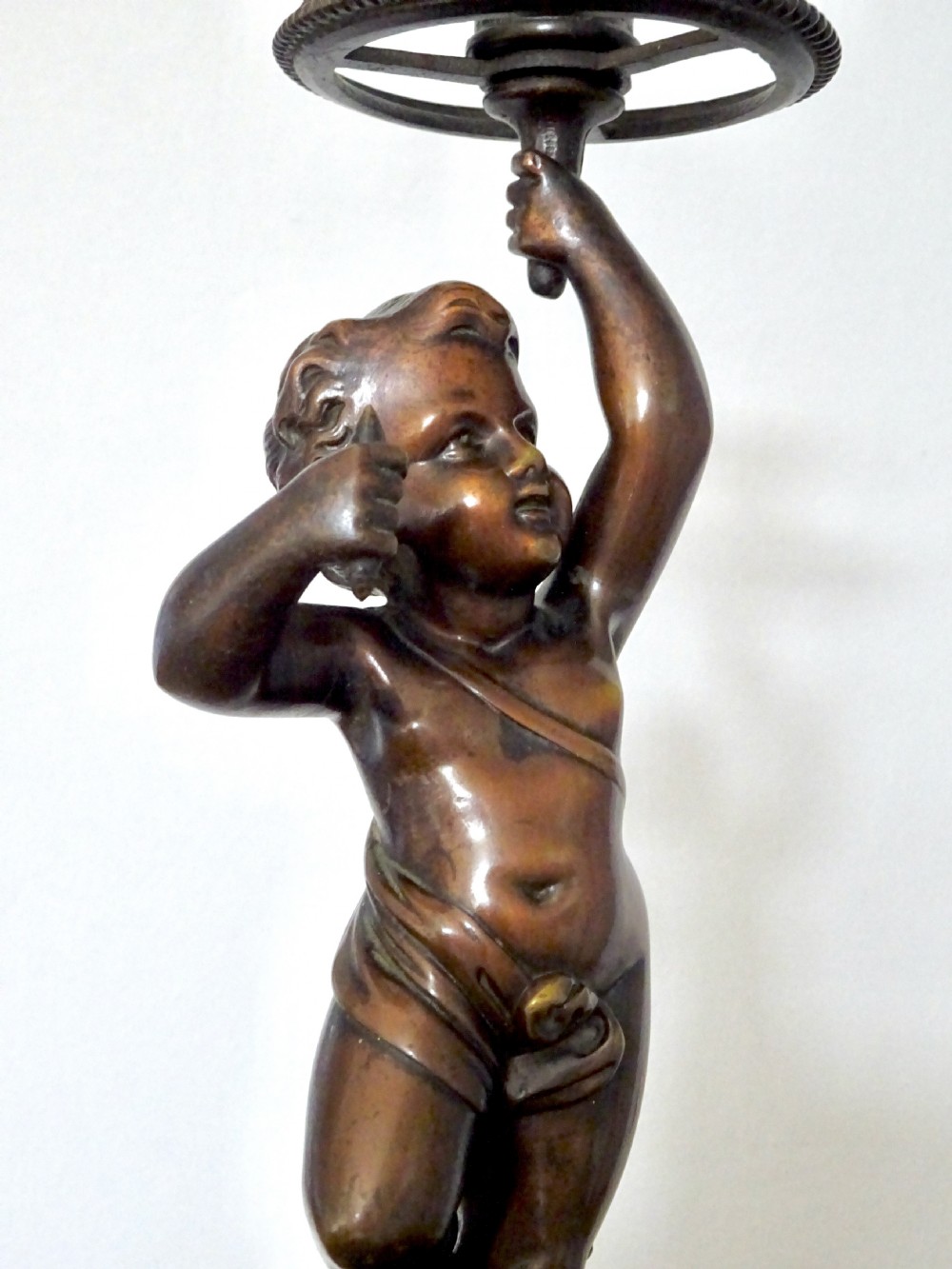 DATED 1864  PAIR BRONZE CHERUB CANDLESTICKS View V