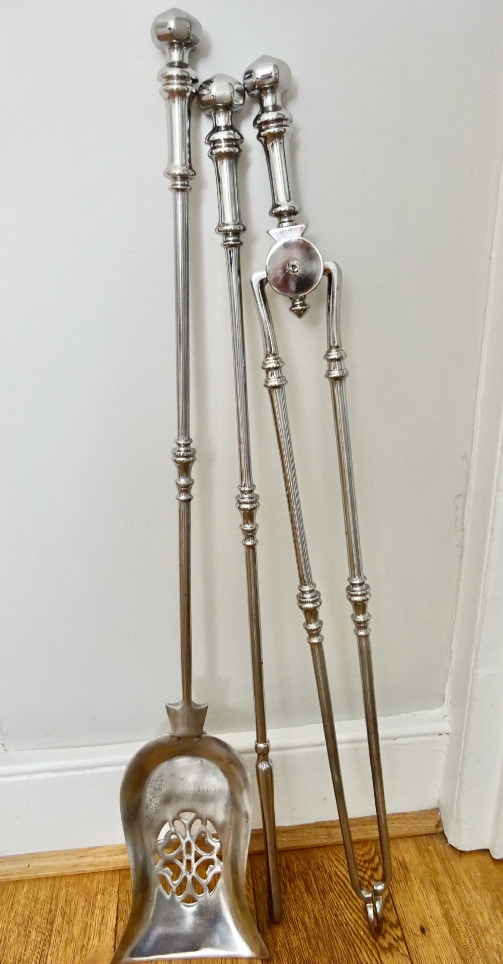 SET OF POLISHED STEEL FIRE IRONS