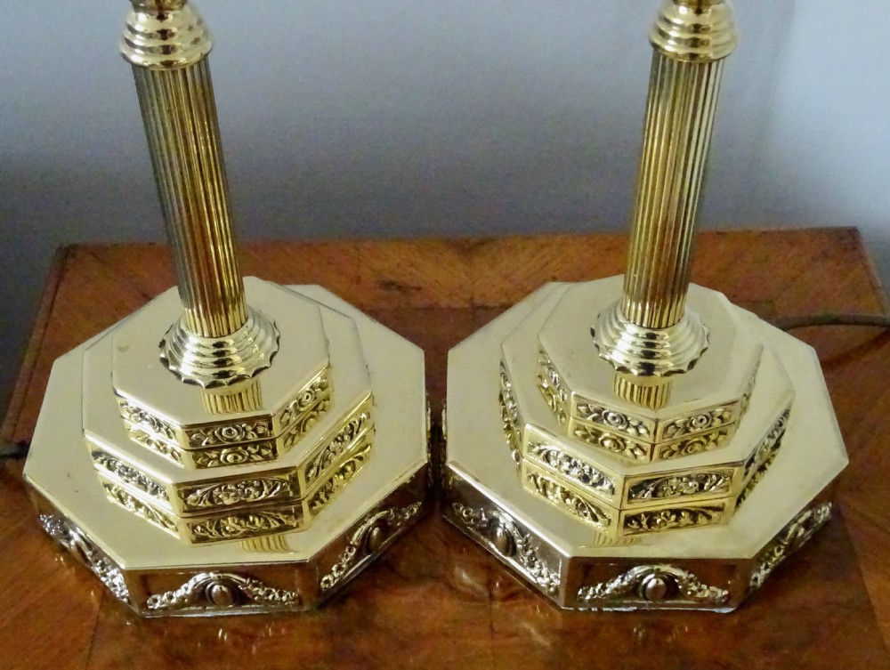 A PAIR OF BRASS TABLE LAMPS WITH TIERED BASE View VI
