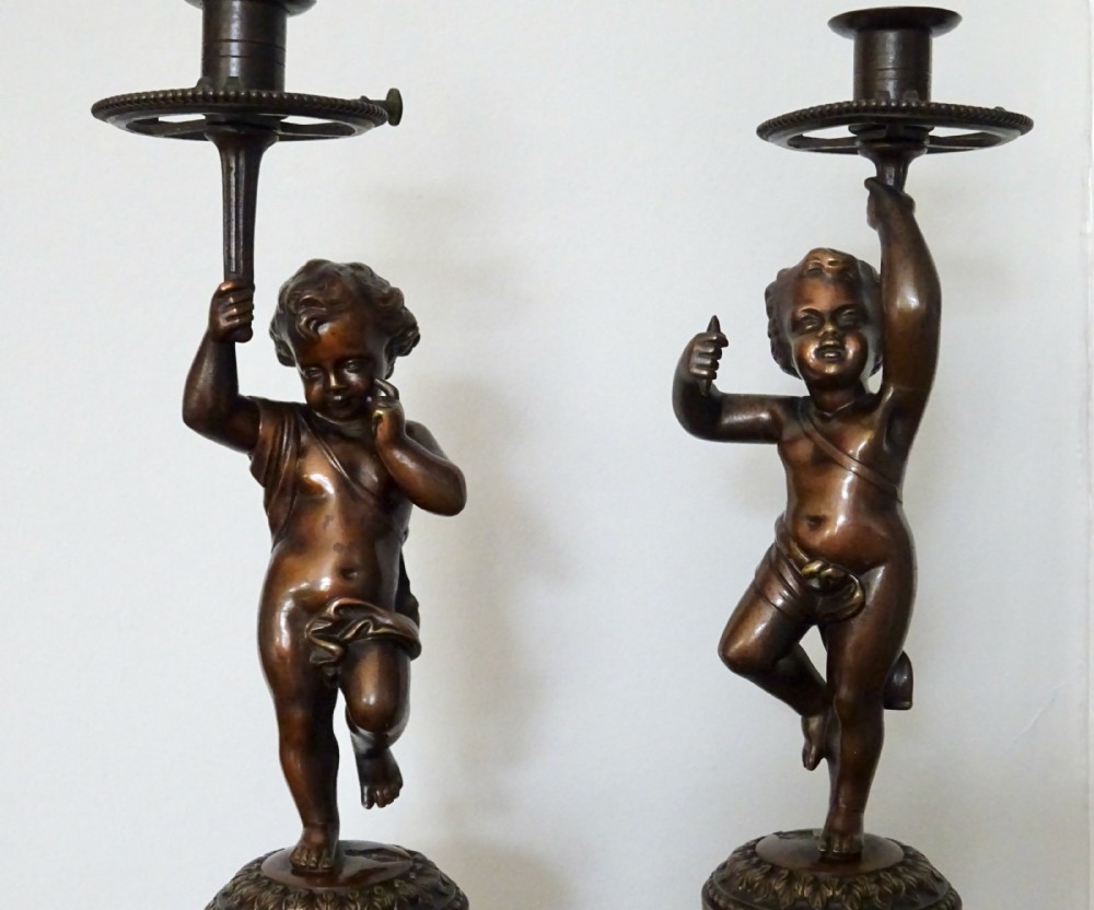 DATED 1864  PAIR BRONZE CHERUB CANDLESTICKS View XIII