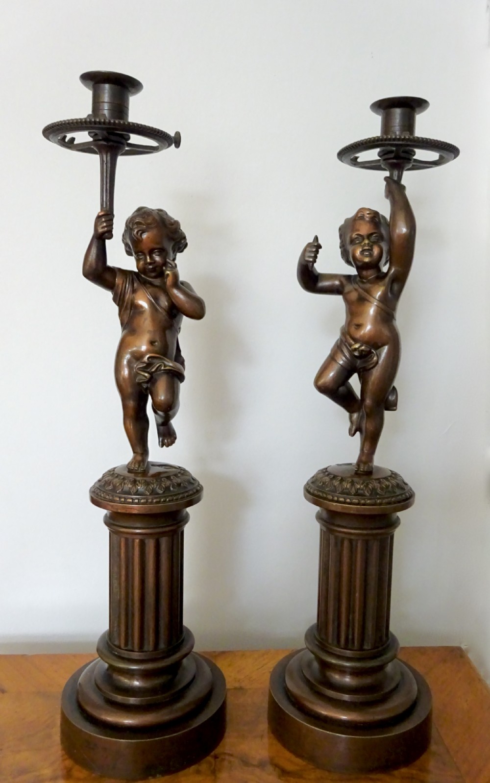 DATED 1864  PAIR BRONZE CHERUB CANDLESTICKS
