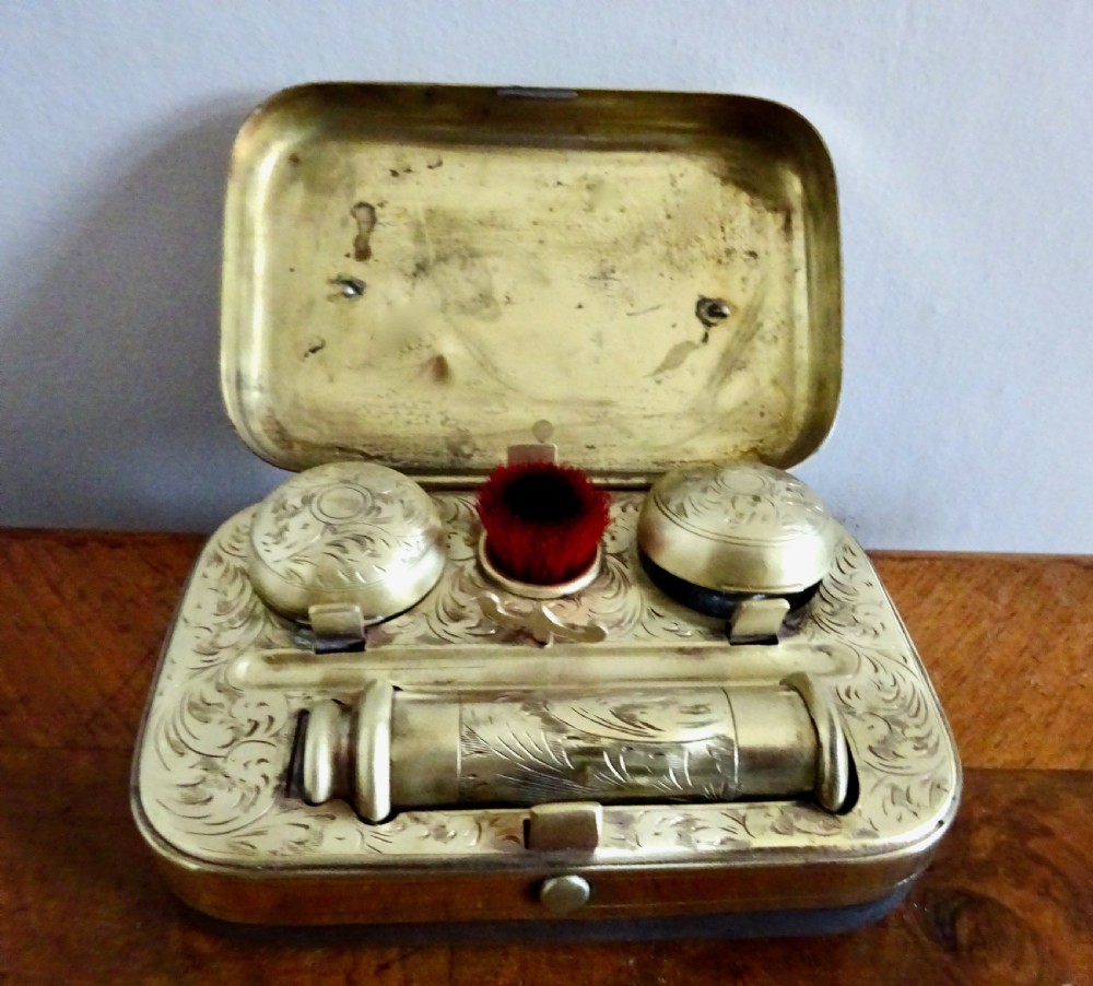 VICTORIAN DOUBLE TRAVELLING INK SET WITH PEN HOLDER AND CANDLE