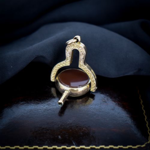 fig 3. Antique Carnelian and Bloodstone Agate 9ct 9K Gold Spinning Fob Watch Key Pendant | Victorian
