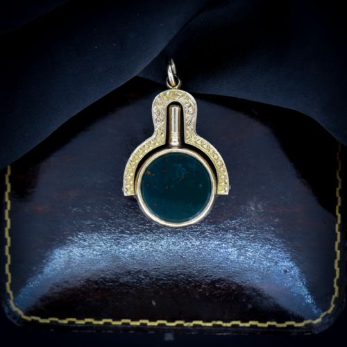 fig 5. Antique Carnelian and Bloodstone Agate 9ct 9K Gold Spinning Fob Watch Key Pendant | Victorian