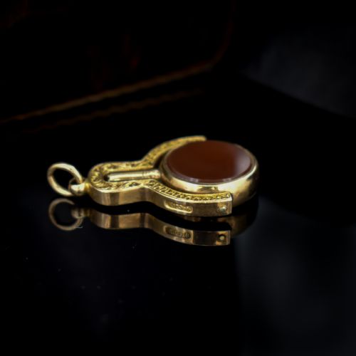 fig 6. Antique Carnelian and Bloodstone Agate 9ct 9K Gold Spinning Fob Watch Key Pendant | Victorian