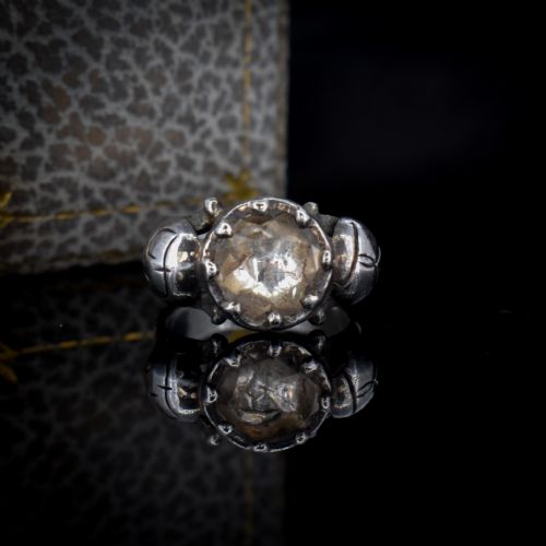 fig 4. Antique Georgian Foiled Rose Cut Paste Sterling Silver Statement Ring - Initialled 'FK'