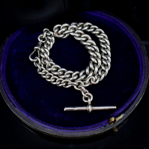 Antique Sterling Silver Heavy Chunky Curb Link Albert Watch Chain Necklace with T-bar and Dog Clip | Dated 1906
