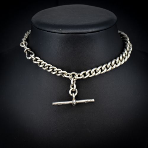 fig 1. Antique Sterling Silver Heavy Chunky Curb Link Albert Watch Chain Necklace with T-Bar and Dog Clip | Dated 1906