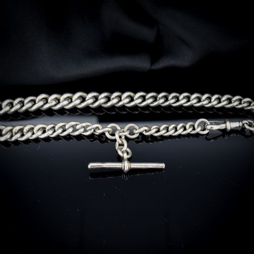 fig 2. Antique Sterling Silver Heavy Chunky Curb Link Albert Watch Chain Necklace with T-Bar and Dog Clip | Dated 1906