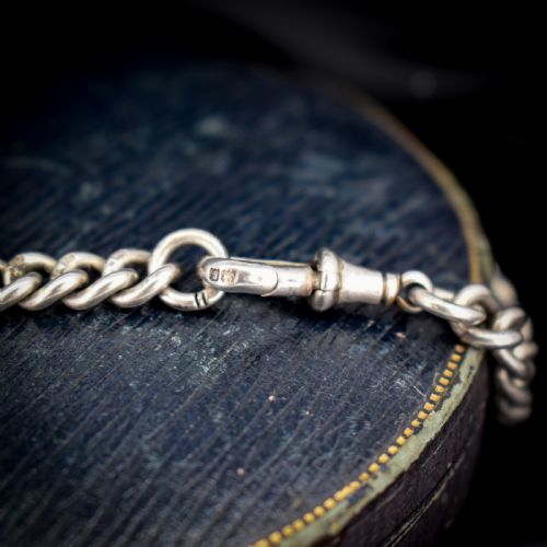 fig 4. Antique Sterling Silver Heavy Chunky Curb Link Albert Watch Chain Necklace with T-Bar and Dog Clip | Dated 1906