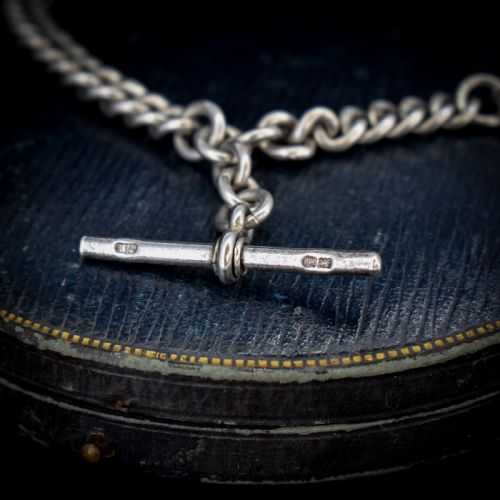 fig 5. Antique Sterling Silver Heavy Chunky Curb Link Albert Watch Chain Necklace with T-Bar and Dog Clip | Dated 1906