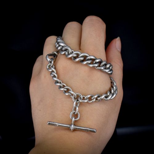 fig 6. Antique Sterling Silver Heavy Chunky Curb Link Albert Watch Chain Necklace with T-Bar and Dog Clip | Dated 1906