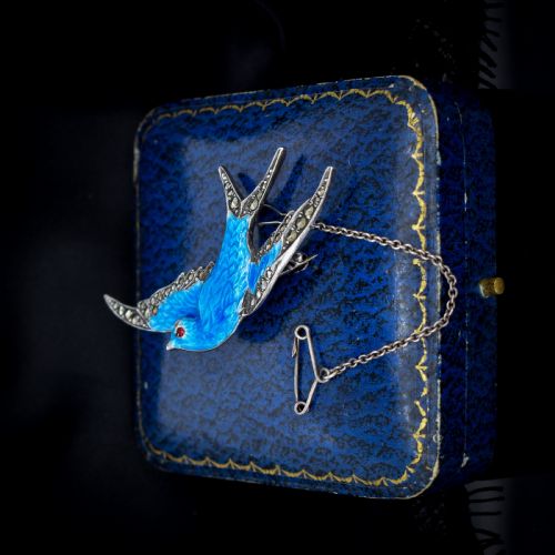 fig 1. Vintage Blue Enamel and Marcasite Sterling Silver Swallow Bird Brooch Pin