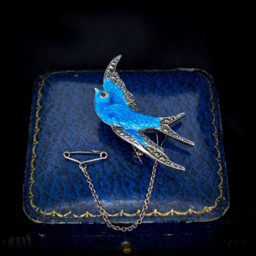 fig 2. Vintage Blue Enamel and Marcasite Sterling Silver Swallow Bird Brooch Pin
