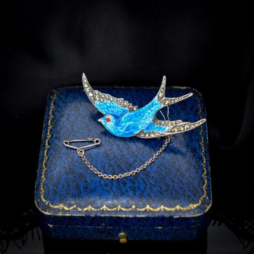 fig 4. Vintage Blue Enamel and Marcasite Sterling Silver Swallow Bird Brooch Pin