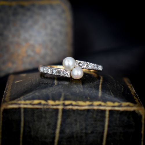fig 1. Antique Pearl and Rose Cut Diamond Crossover 'Toi et Moi' Twist 18ct 18K Yellow Gold Ring