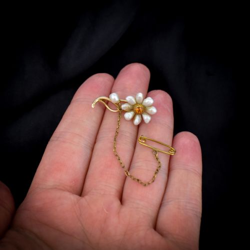 fig 1. Antique Citrine and Pearl 14ct 14K Gold Flower Brooch Pin