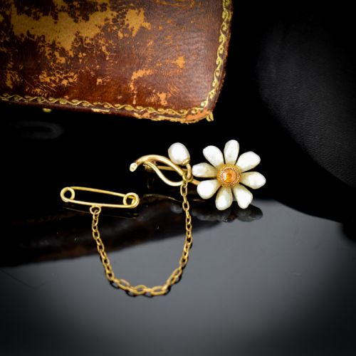 fig 4. Antique Citrine and Pearl 14ct 14K Gold Flower Brooch Pin