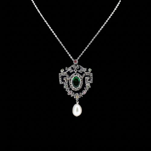 Antique Paste and Marcasite Silver Drop Lavalier Pendant and Chain Necklace | Edwardian