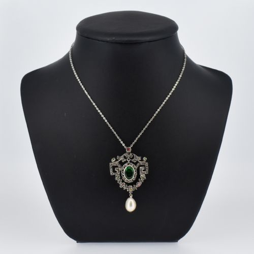 fig 1. Antique Paste and Marcasite Silver Drop Lavalier Pendant and Chain Necklace | Edwardian