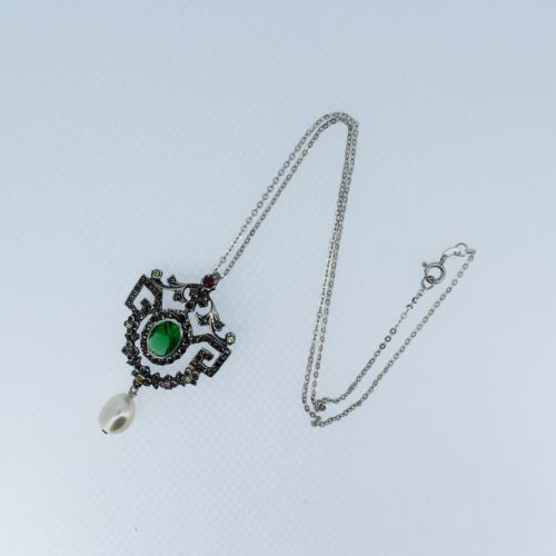 fig 2. Antique Paste and Marcasite Silver Drop Lavalier Pendant and Chain Necklace | Edwardian