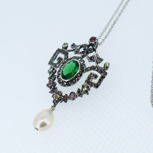 fig 3. Antique Paste and Marcasite Silver Drop Lavalier Pendant and Chain Necklace | Edwardian