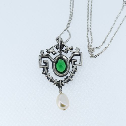 fig 5. Antique Paste and Marcasite Silver Drop Lavalier Pendant and Chain Necklace | Edwardian