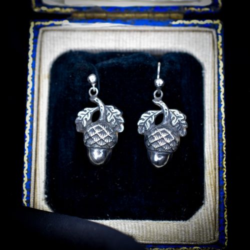 Antique Victorian Sterling Silver Acorn Drop Dangle Earrings | Circa.1880