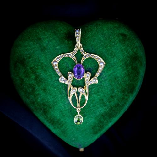 Antique Edwardian Amethyst Peridot and Pearl Lavalier 9ct 9k Yellow Gold Pendant | Suffragette