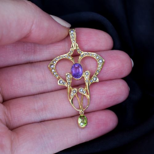 fig 1. Antique Edwardian Amethyst Peridot and Pearl Lavalier 9ct 9K Yellow Gold Pendant | Suffragette
