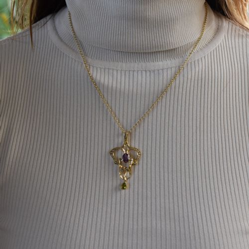 fig 2. Antique Edwardian Amethyst Peridot and Pearl Lavalier 9ct 9K Yellow Gold Pendant | Suffragette