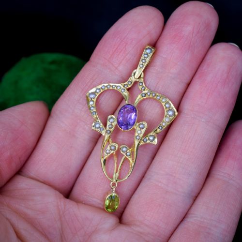 fig 3. Antique Edwardian Amethyst Peridot and Pearl Lavalier 9ct 9K Yellow Gold Pendant | Suffragette