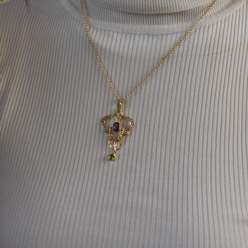 fig 4. Antique Edwardian Amethyst Peridot and Pearl Lavalier 9ct 9K Yellow Gold Pendant | Suffragette