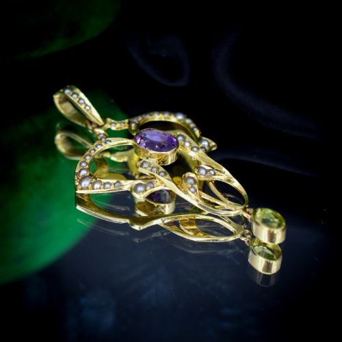 fig 5. Antique Edwardian Amethyst Peridot and Pearl Lavalier 9ct 9K Yellow Gold Pendant | Suffragette