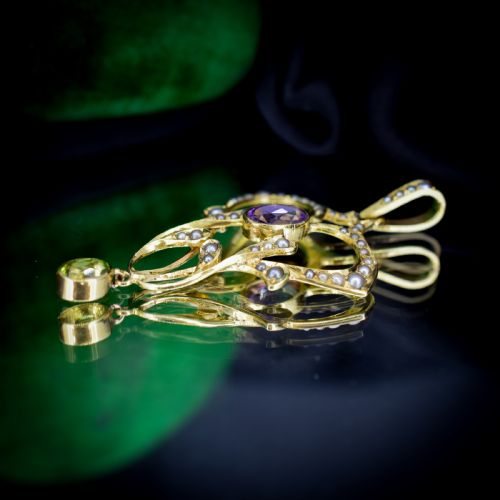 fig 6. Antique Edwardian Amethyst Peridot and Pearl Lavalier 9ct 9K Yellow Gold Pendant | Suffragette