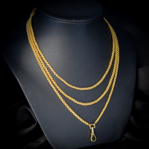 Antique Victorian Long Rolled Gold Faceted Guard Muff Chain Necklace | 50" Length with Dog Clip