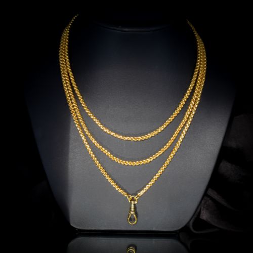 fig 1. Antique Victorian Long Rolled Gold Faceted Guard Muff Chain Necklace | 50