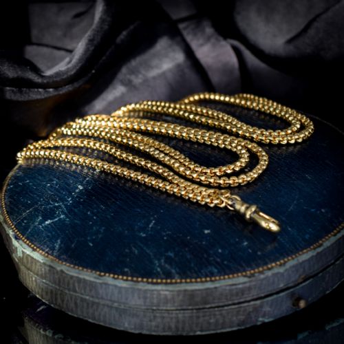 fig 2. Antique Victorian Long Rolled Gold Faceted Guard Muff Chain Necklace | 50