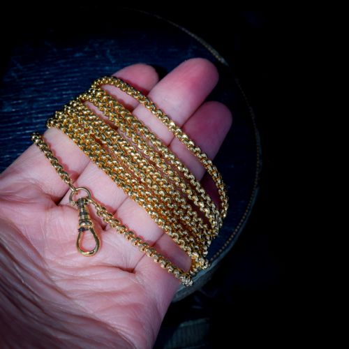 fig 5. Antique Victorian Long Rolled Gold Faceted Guard Muff Chain Necklace | 50